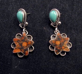 Image 1 of Navajo Variscite Snakeskin Sponge Coral Dangle Earrings