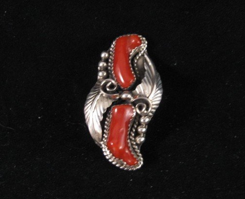 Image 0 of Double Coral Native American Navajo Silver Ring Sz7-1/2