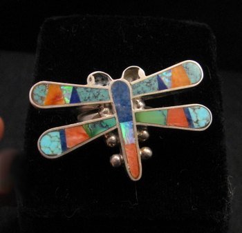 ** Navajo ** Dragonfly Multi-gem Inlaid Ring, Melvin Francis, adjustable