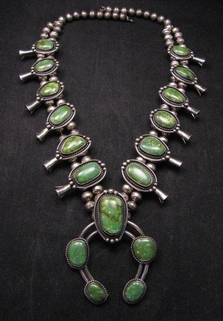Image 1 of Huge Vintage Native American Navajo Nevada Turquoise Squash Blossom Necklace