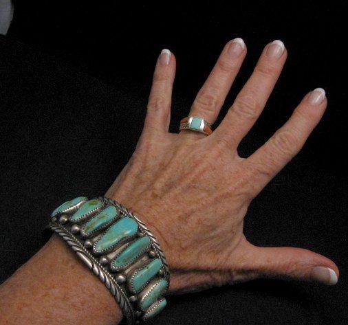 Image 2 of Native American Navajo Dead Pawn Turquoise Silver Bracelet