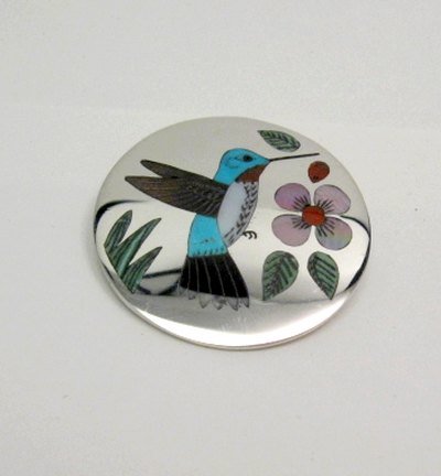 Image 0 of Rudy & Nancy Laconsello ~ Zuni ~ Inlaid Hummingbird Pin Pendant