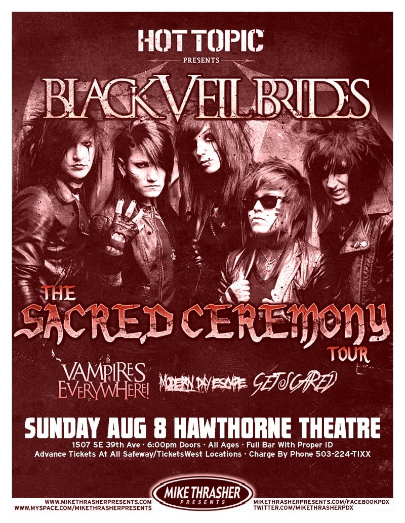 Image 0 of BLACK VEIL BRIDES 2010 Gig POSTER Portland Oregon Concert 