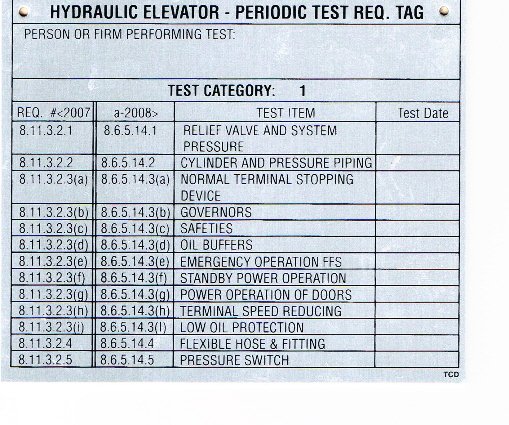 DT-HYDROC1 HYDRAULIC ELEVATOR CATEGORY 1 TEST TAG