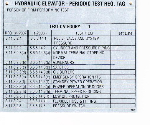 Image 0 of DT-HYDROC1 HYDRAULIC ELEVATOR CATEGORY 1 TEST TAG