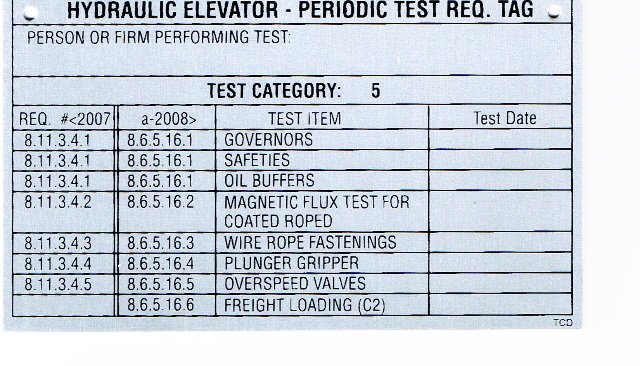 DT-HYDROC5 HYDRAULIC ELEVATOR CATEGORY 5 TEST TAG