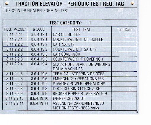 Image 0 of DT-TRACTIONC1 TRACTION ELEVATOR CATEGORY 1 TEST TAG