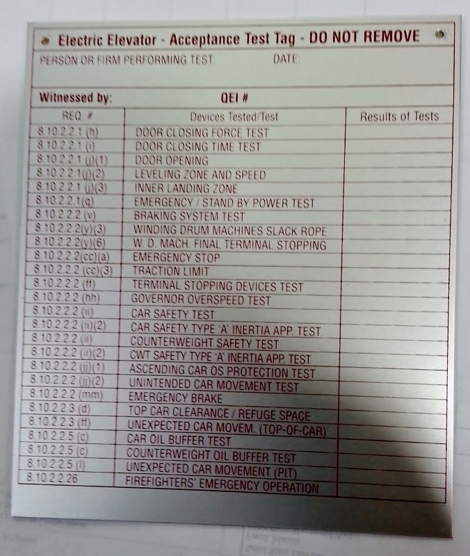 DT-ACCEPT-TR TRACTION ELEVATOR ACCEPTANCE TEST TAG