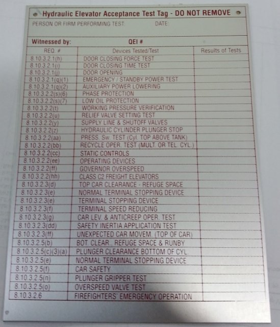 DT-ACCEPT-HY HYDRAULIC ELEVATOR ACCEPTANCE TEST TAG