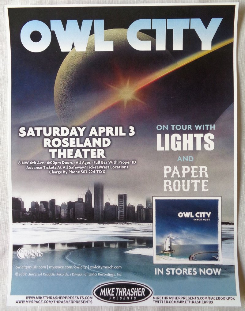 Image 0 of OWL CITY 2010 Gig POSTER Portland Oregon Concert Adam Young