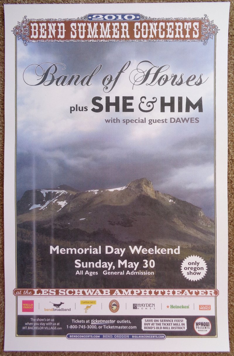 Image 0 of BAND OF HORSES / SHE & HIM 2010 Gig POSTER Bend Oregon Concert (Version 2)