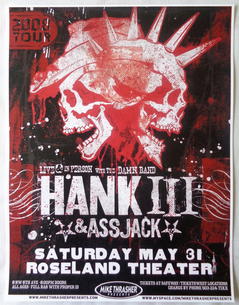 Image 0 of Williams HANK WILLIAMS III & ASSJACK 2008 Gig POSTER Portland Oregon Concert