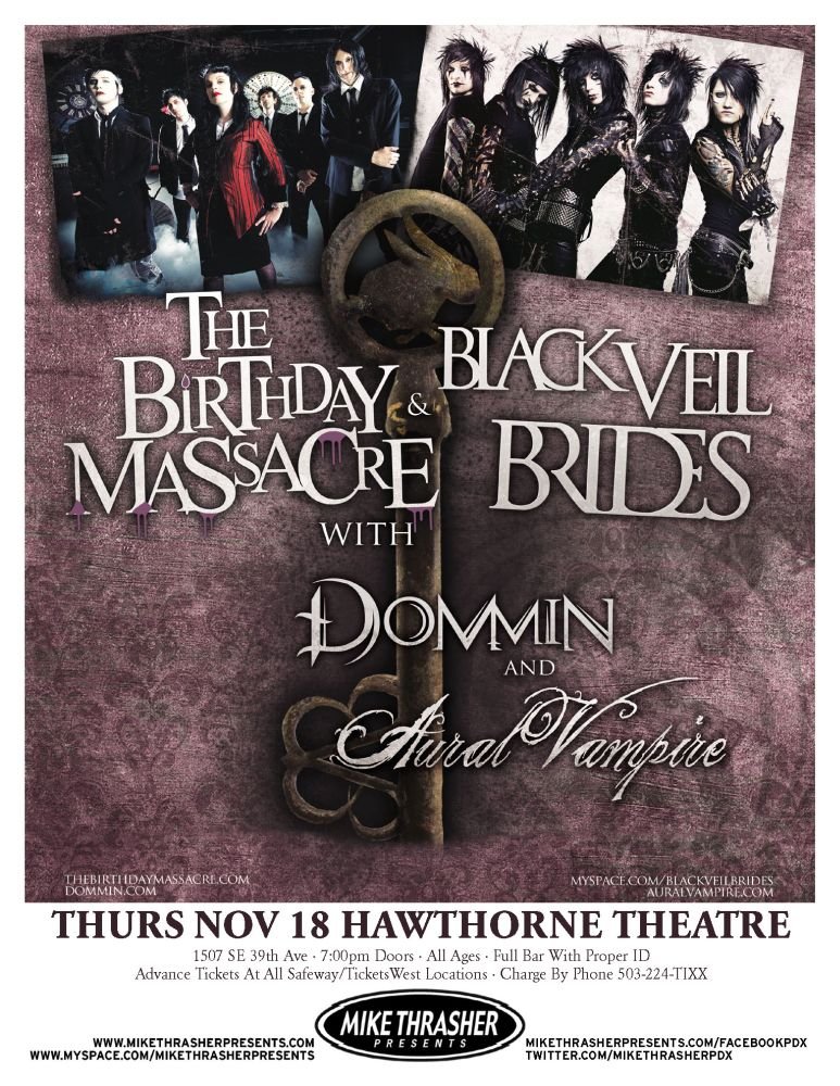 Image 0 of BLACK VEIL BRIDES / BIRTHDAY MASSACRE Gig POSTER 2010 Portland Oregon Concert