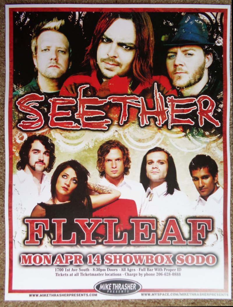 Image 0 of SEETHER and FLYLEAF 2008 Gig POSTER Seattle Washington Concert