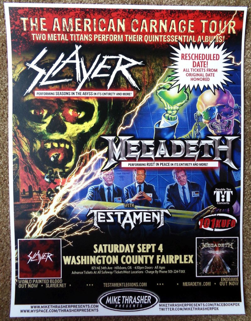 Image 0 of SLAYER & MEGADETH 2010 Gig POSTER Hillsboro Oregon Concert American Carnage Tour