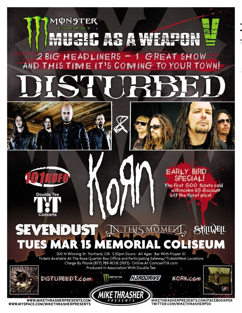 Image 0 of KORN and DISTURBED 2011 Gig POSTER Portland Oregon Concert