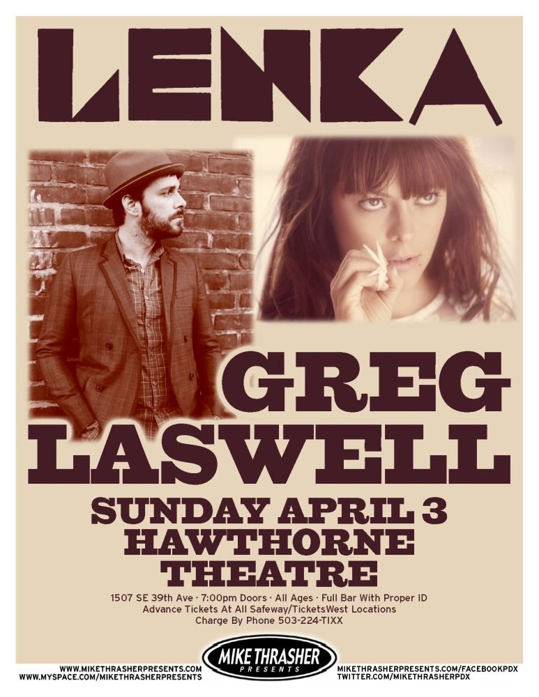 Image 0 of Laswell GREG LASWELL & LENKA 2013 POSTER Gig Portland Oregon Concert  