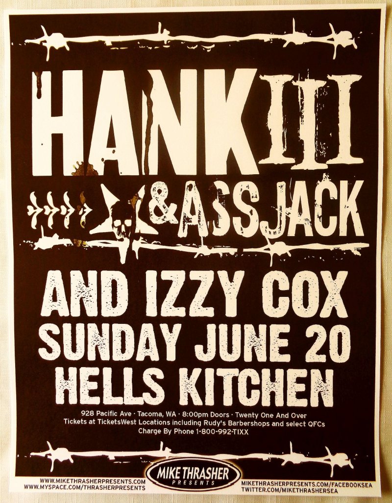 Image 0 of Williams HANK WILLIAMS III & ASSJACK Gig POSTER 2010 Concert Tacoma Washington