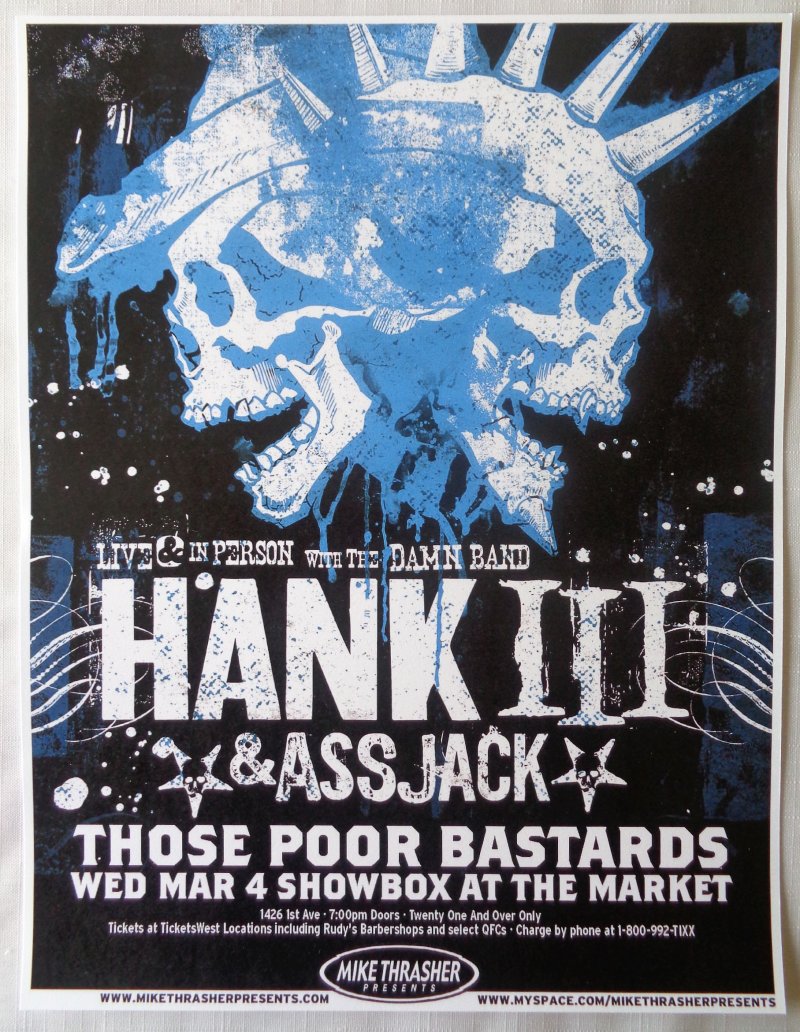 Image 0 of Williams HANK WILLIAMS III & ASSJACK 2009 Gig POSTER Seattle Washington Concert