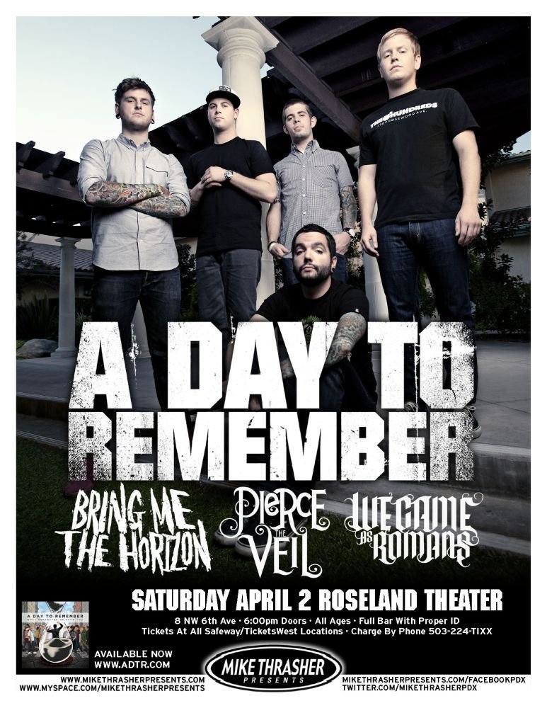 A DAY TO REMEMBER 2011 Gig POSTER Portland Oregon Concert 