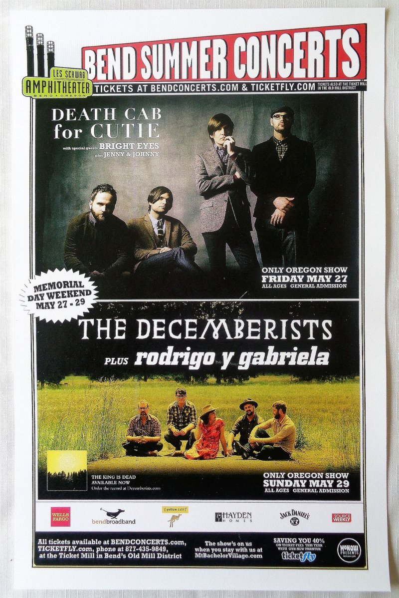 Image 0 of DEATH CAB FOR CUTIE / DECEMBERISTS POSTER Bend Oregon 2011 Gig Concert
