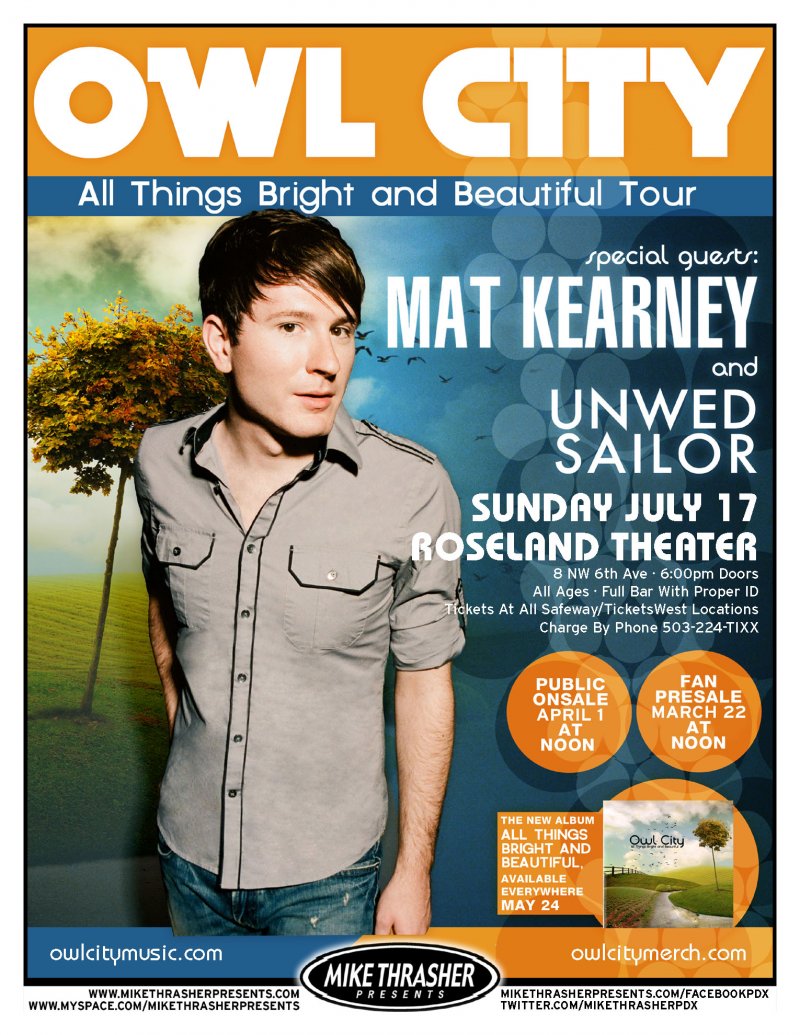 Image 0 of OWL CITY 2011 Gig POSTER Portland Oregon Concert Adam Young