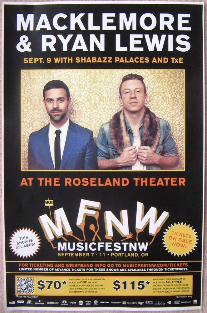 Image 0 of MACKLEMORE & RYAN LEWIS 11 Gig POSTER Concert MFNW Musicfest NW Portland Oregon