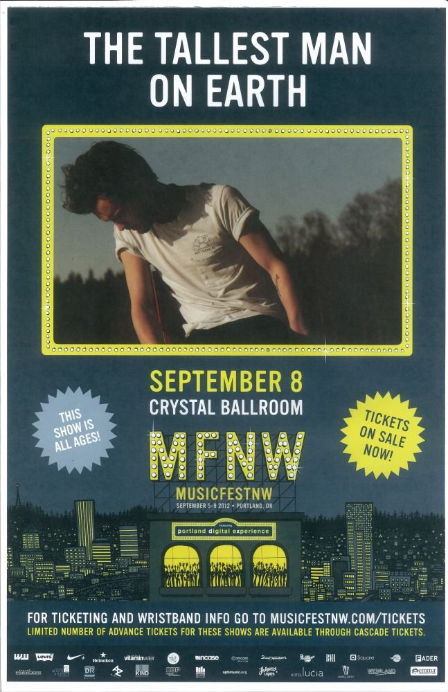 Image 0 of TALLEST MAN ON EARTH 2012 MFNW Gig POSTER Portland Oregon Musicfest NW Concert