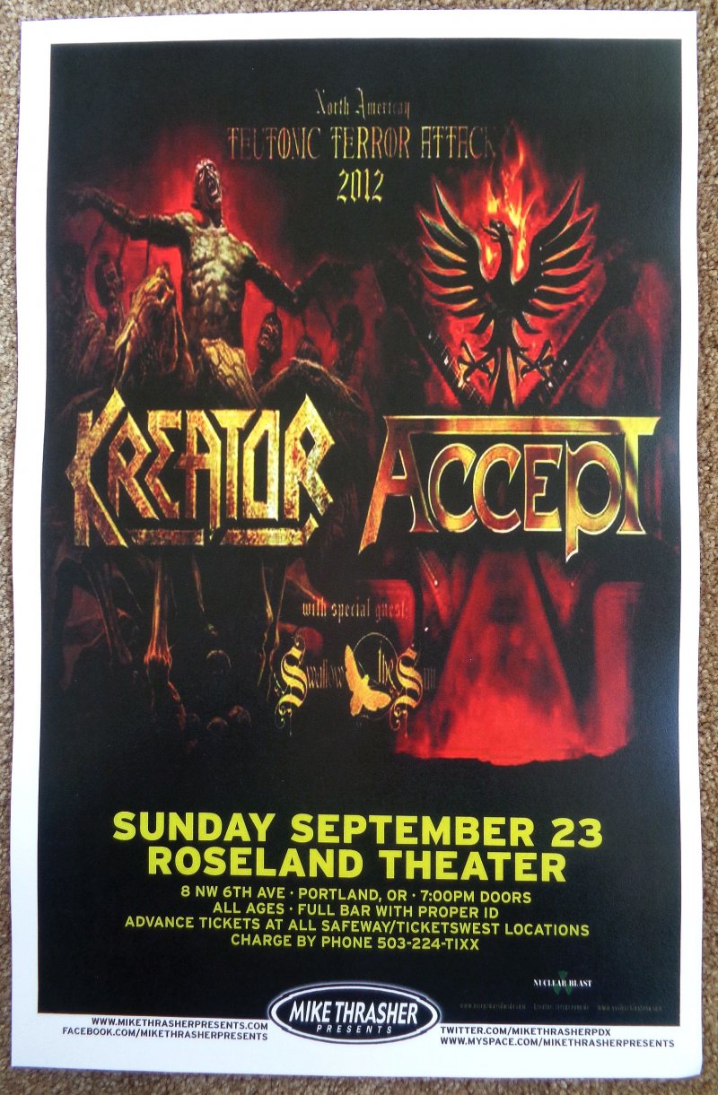 Image 0 of KREATOR & ACCEPT 2012 Gig POSTER Portland Oregon Concert 