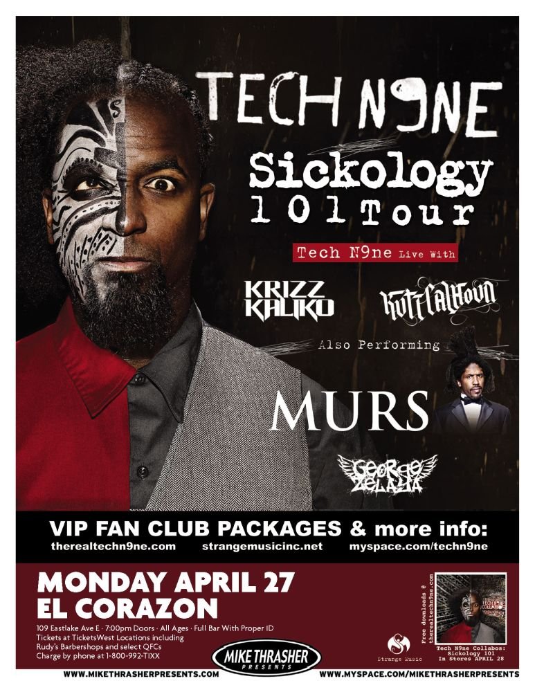 Image 0 of TECH N9NE 2009 Gig POSTER Seattle Washington Concert Sickology 101 