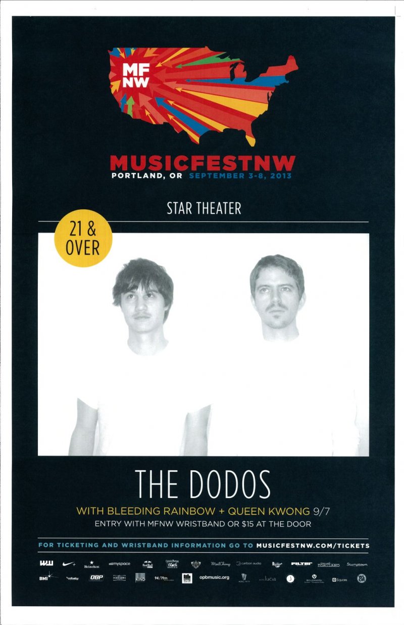 Image 0 of Dodos THE DODOS 2013 Gig POSTER MFNW Portland Oregon Musicfest NW Concert