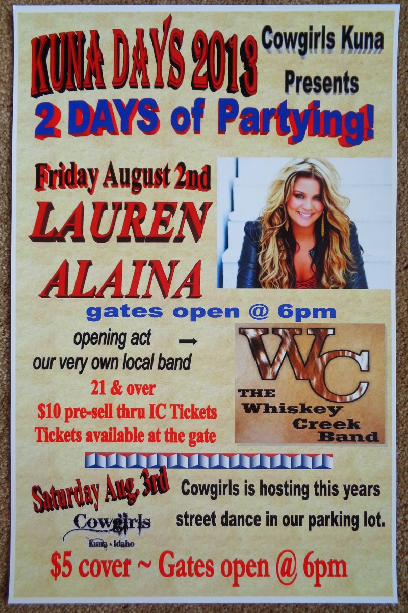 Alaina LAUREN ALAINA 2013 Gig POSTER Kuna Idaho Concert