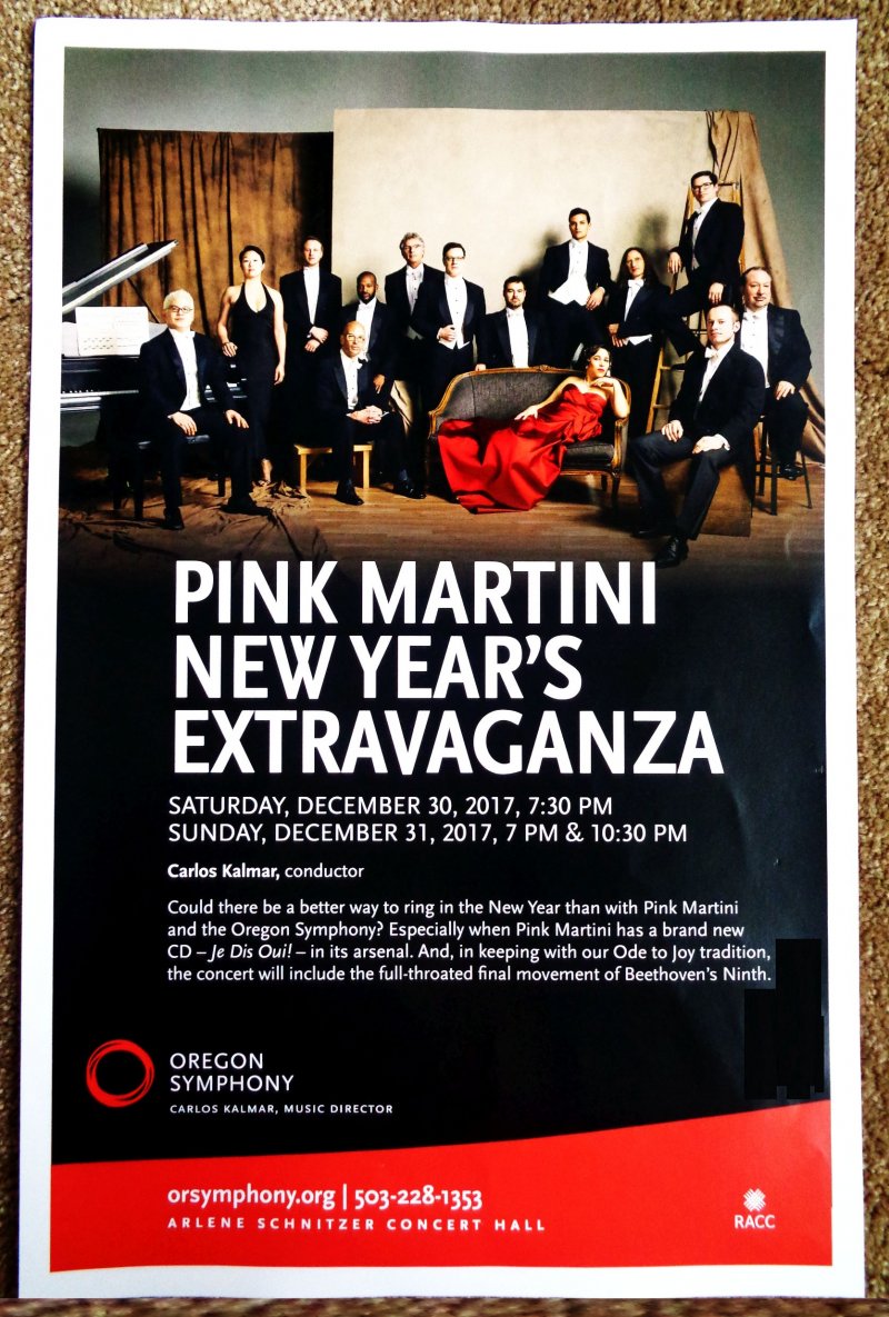 Image 0 of PINK MARTINI 2017 Gig POSTER Portland OREGON SYMPHONY Concert New Year's Eve + 1
