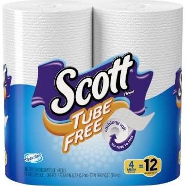 Scott Tube Free Toilet Paper, White, 4 Mega Rolls 12x4x400