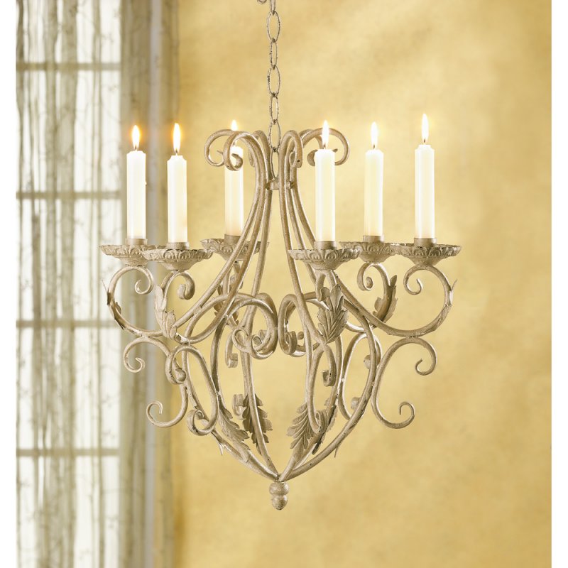 Distressed Ivory Old World Charm Wrought Iron Candle Chandelier
