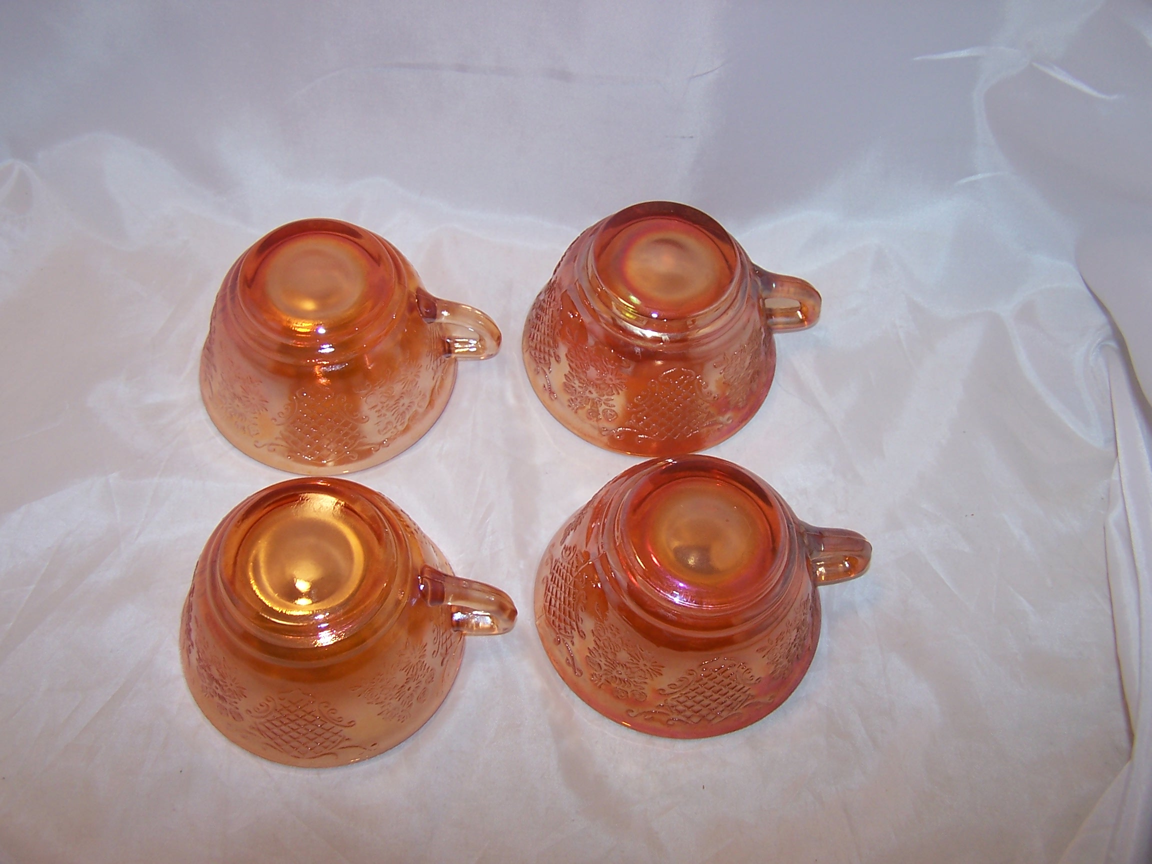 Image 4 of Marigold Carnival Glass Creamer and Cups, Flowers and Lattice Pattern