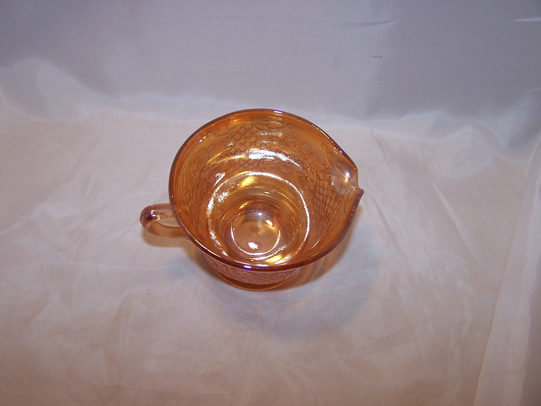 Image 6 of Marigold Carnival Glass Creamer and Cups, Flowers and Lattice Pattern