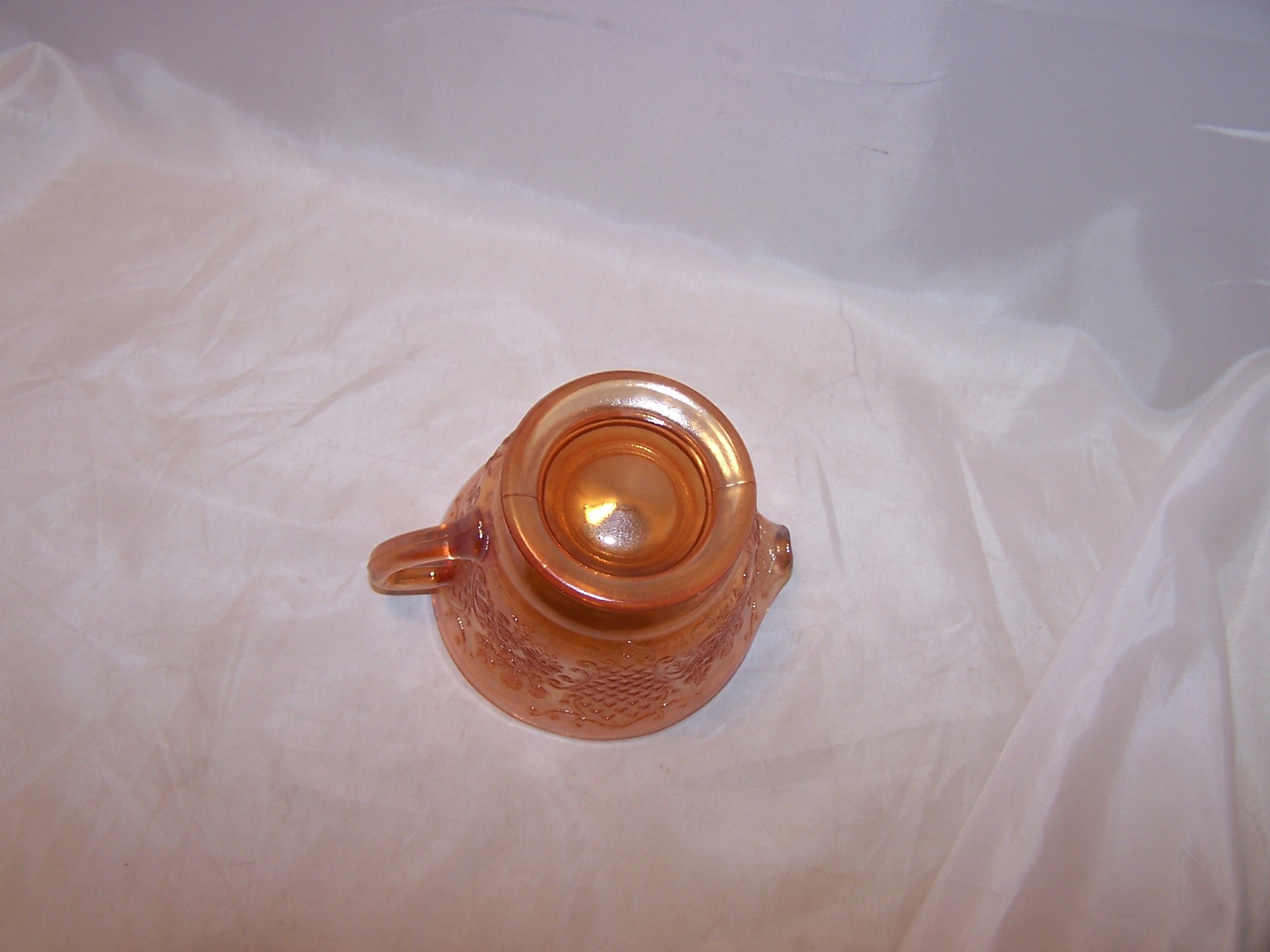 Image 7 of Marigold Carnival Glass Creamer and Cups, Flowers and Lattice Pattern