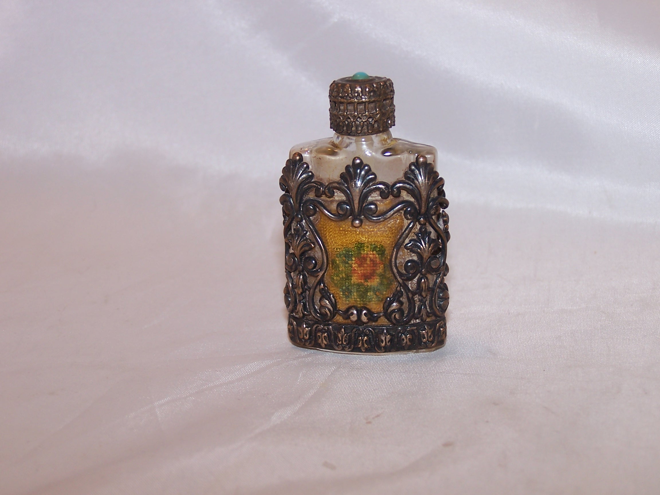 Perfume Bottle, Silver Filigree, Embroidery, Vintage