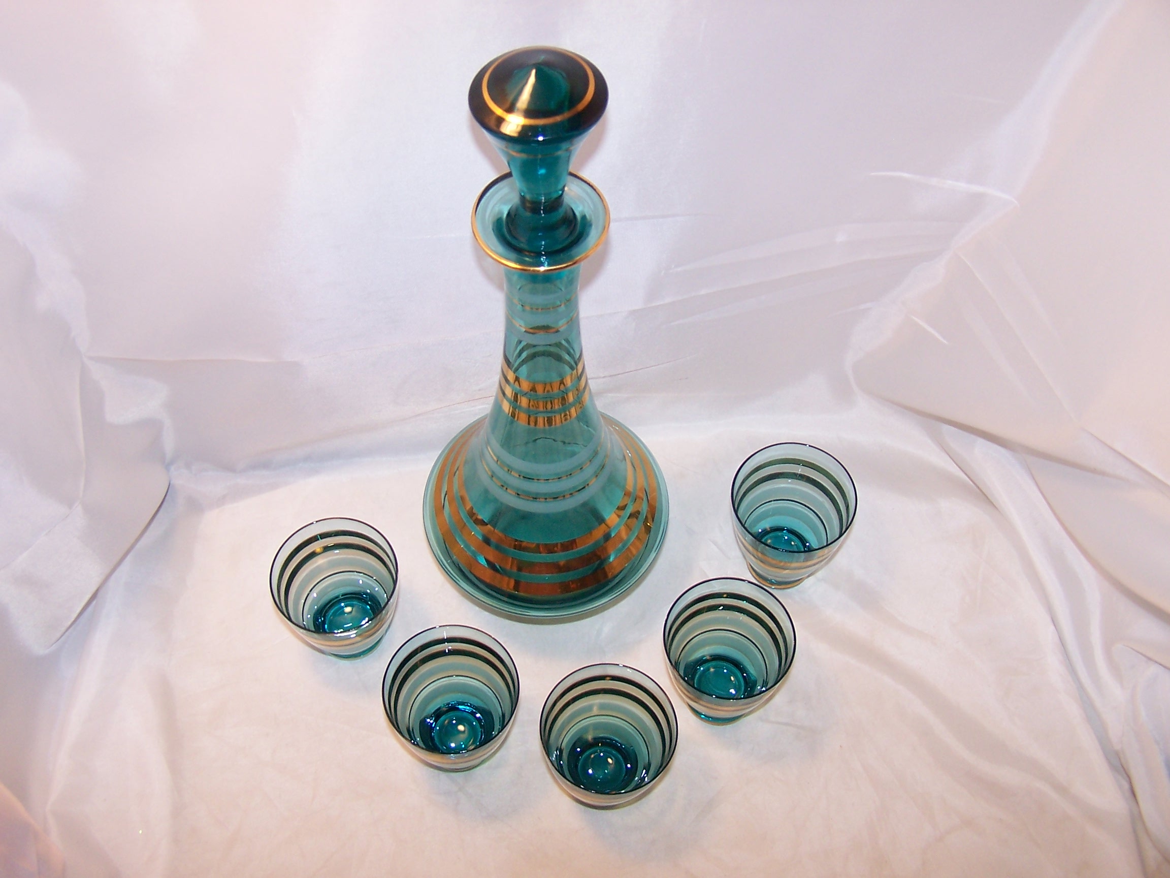 Image 1 of Hungary Striped Decanter, Glasses, Teal