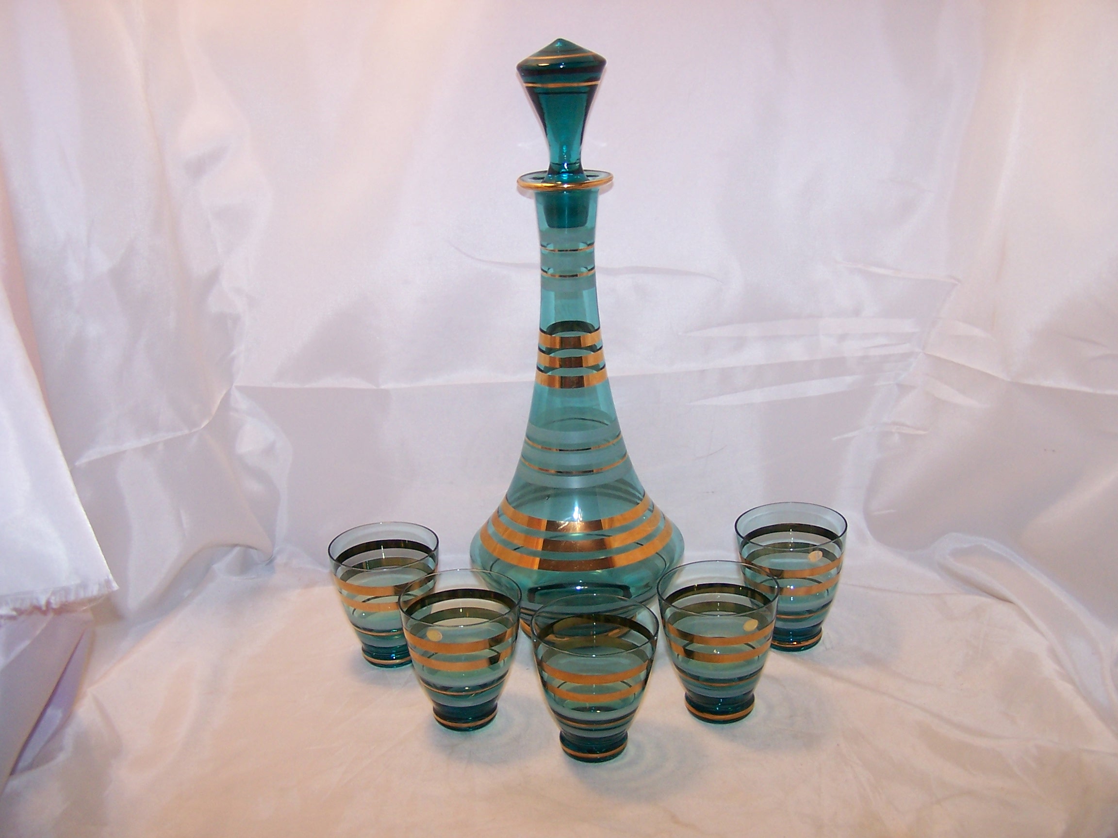 Hungary Striped Decanter, Glasses, Teal