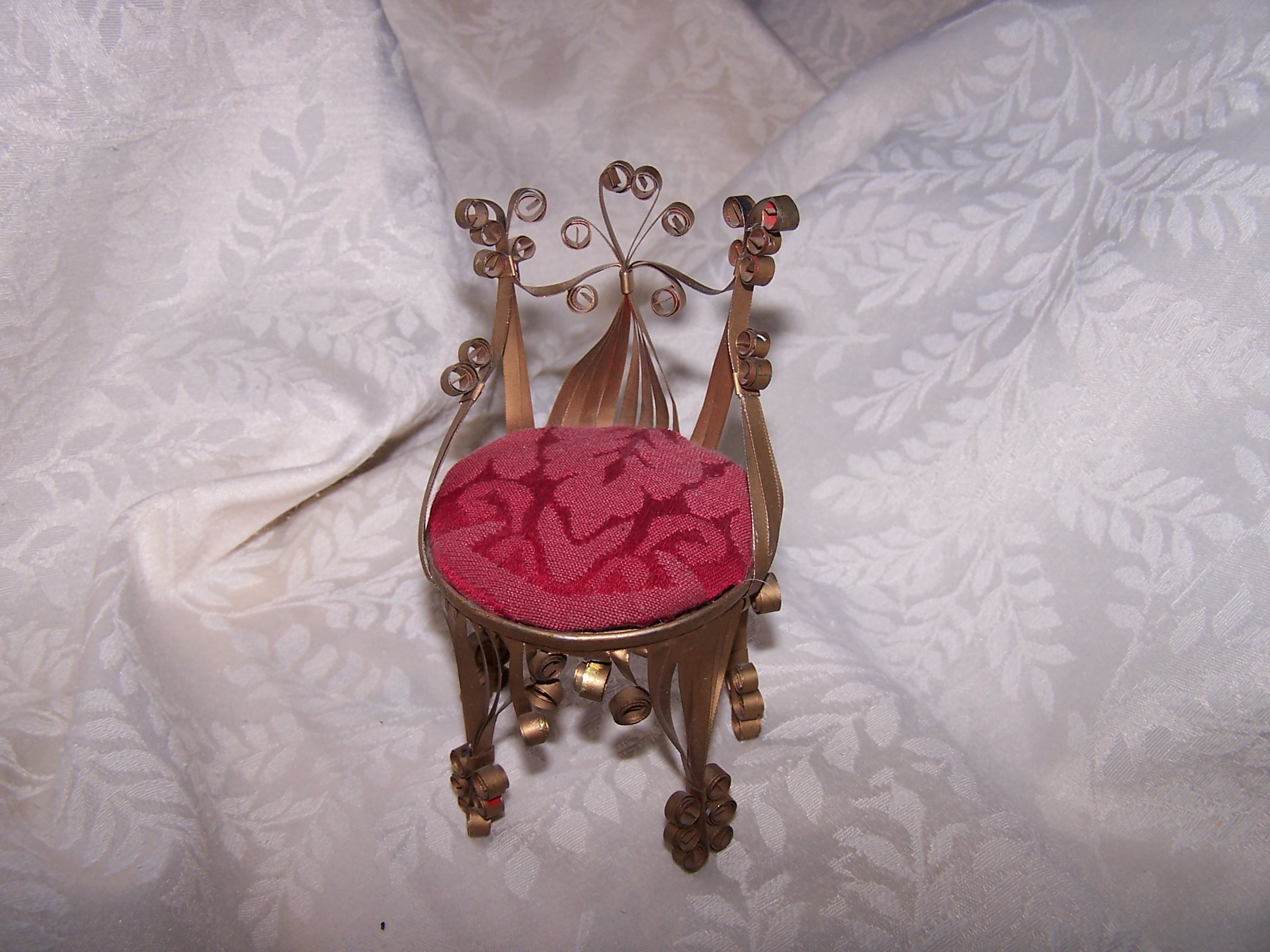 Quilled Pin Cushion Chair, Gold, Red, Folk Art, Vintage