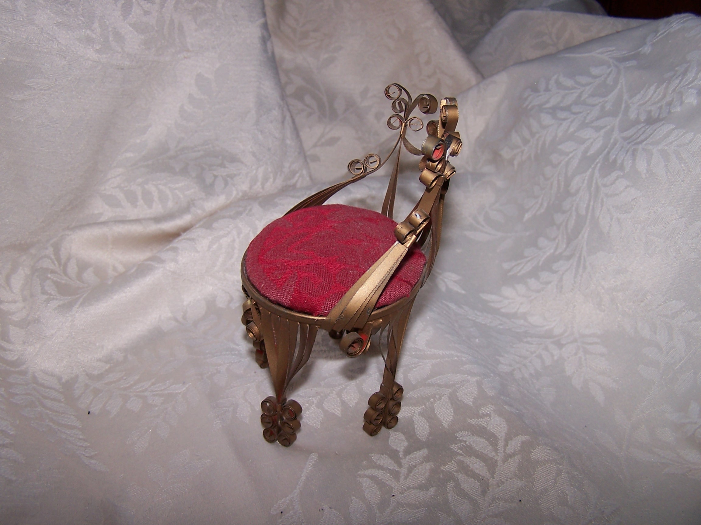 Image 1 of Quilled Pin Cushion Chair, Gold, Red, Folk Art, Vintage