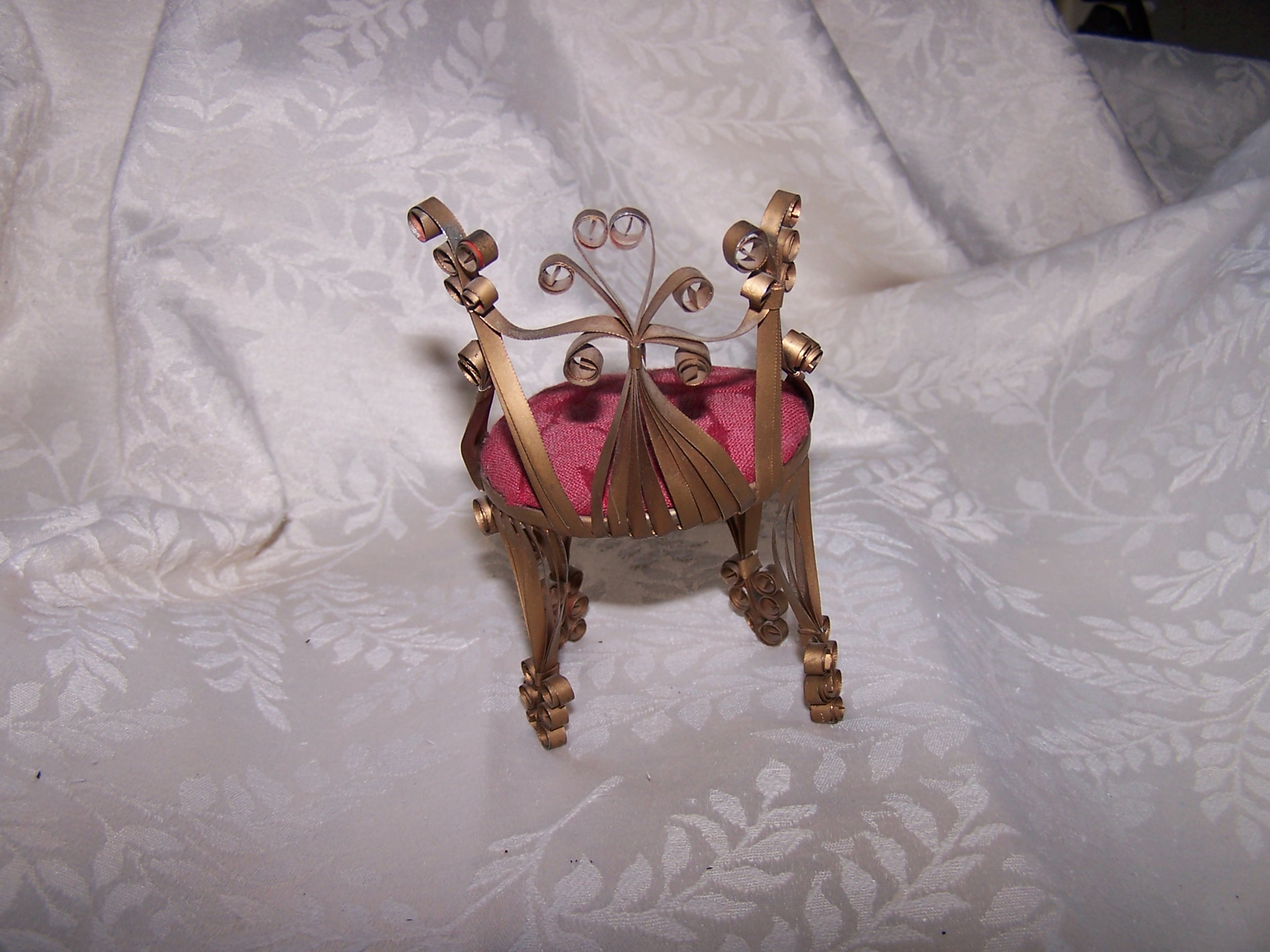 Image 2 of Quilled Pin Cushion Chair, Gold, Red, Folk Art, Vintage