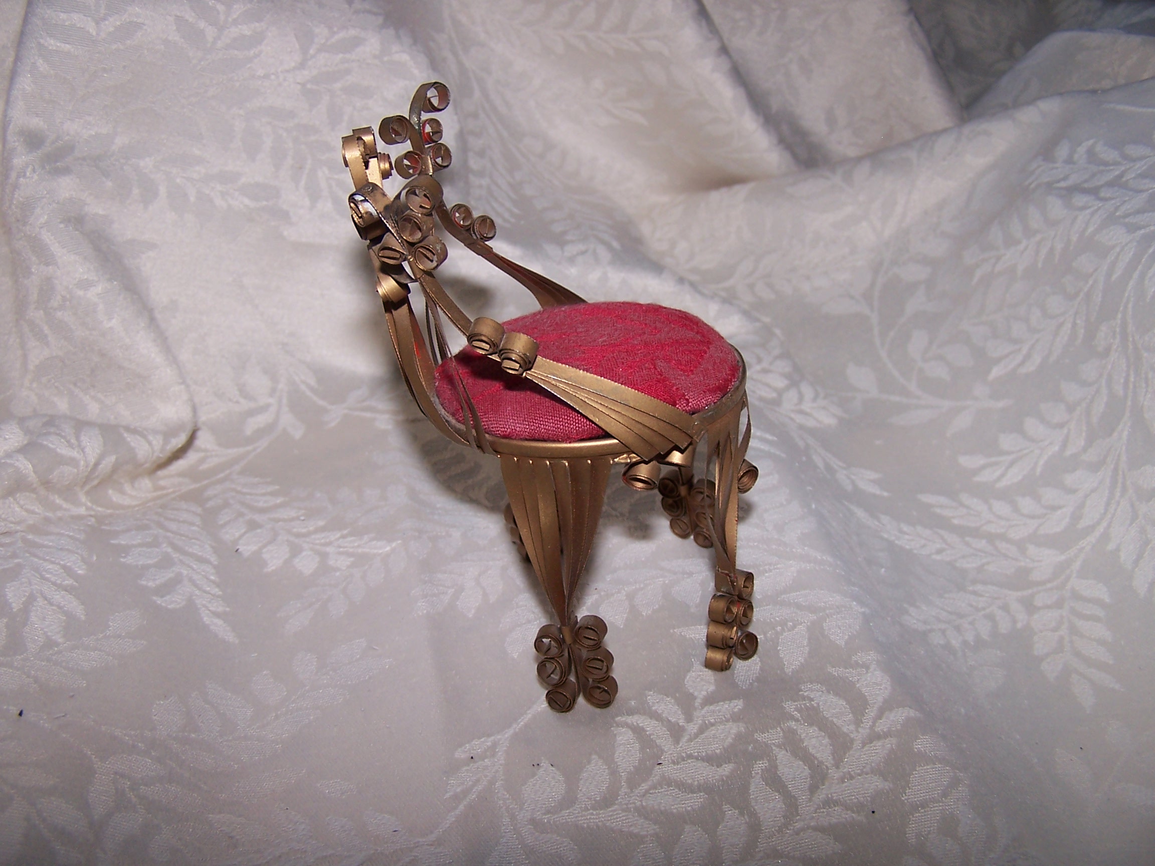 Image 3 of Quilled Pin Cushion Chair, Gold, Red, Folk Art, Vintage