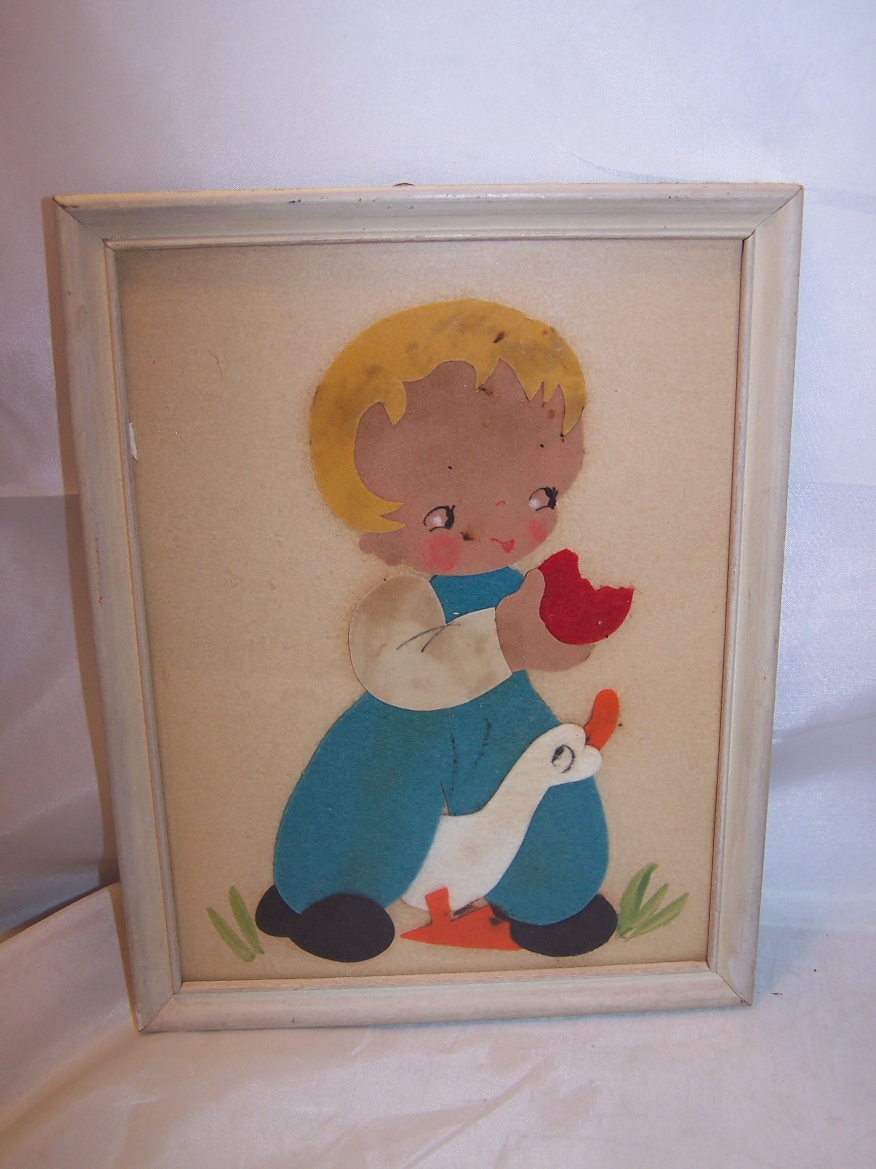 Image 1 of Fall Harvest Girl, Boy Framed Felt Pictures, Vintage Folk Art