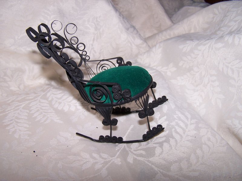 Image 3 of Quilled Pin Cushion Rocking Chair, Black, Green, Vintage