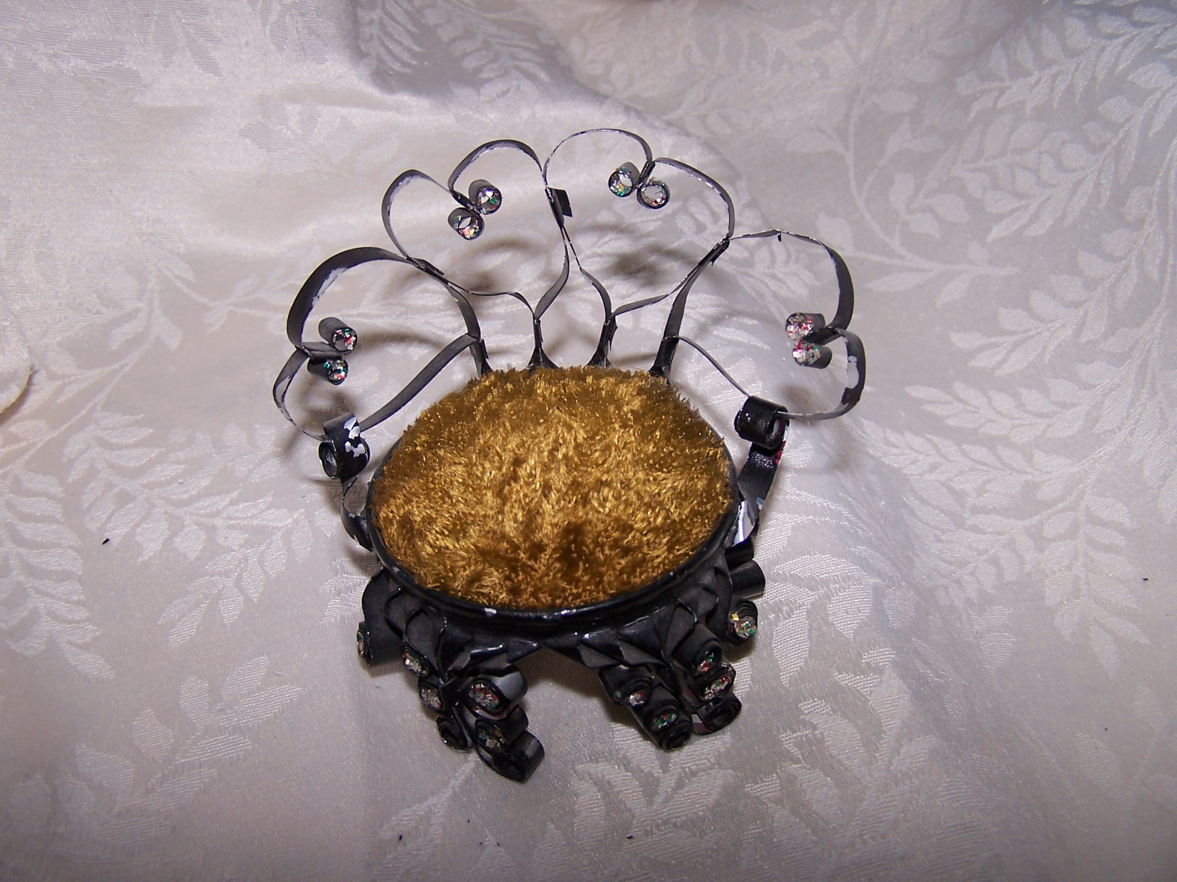 Quilled Pin Cushion Chair, Black w Brown Cushion, Folk Art