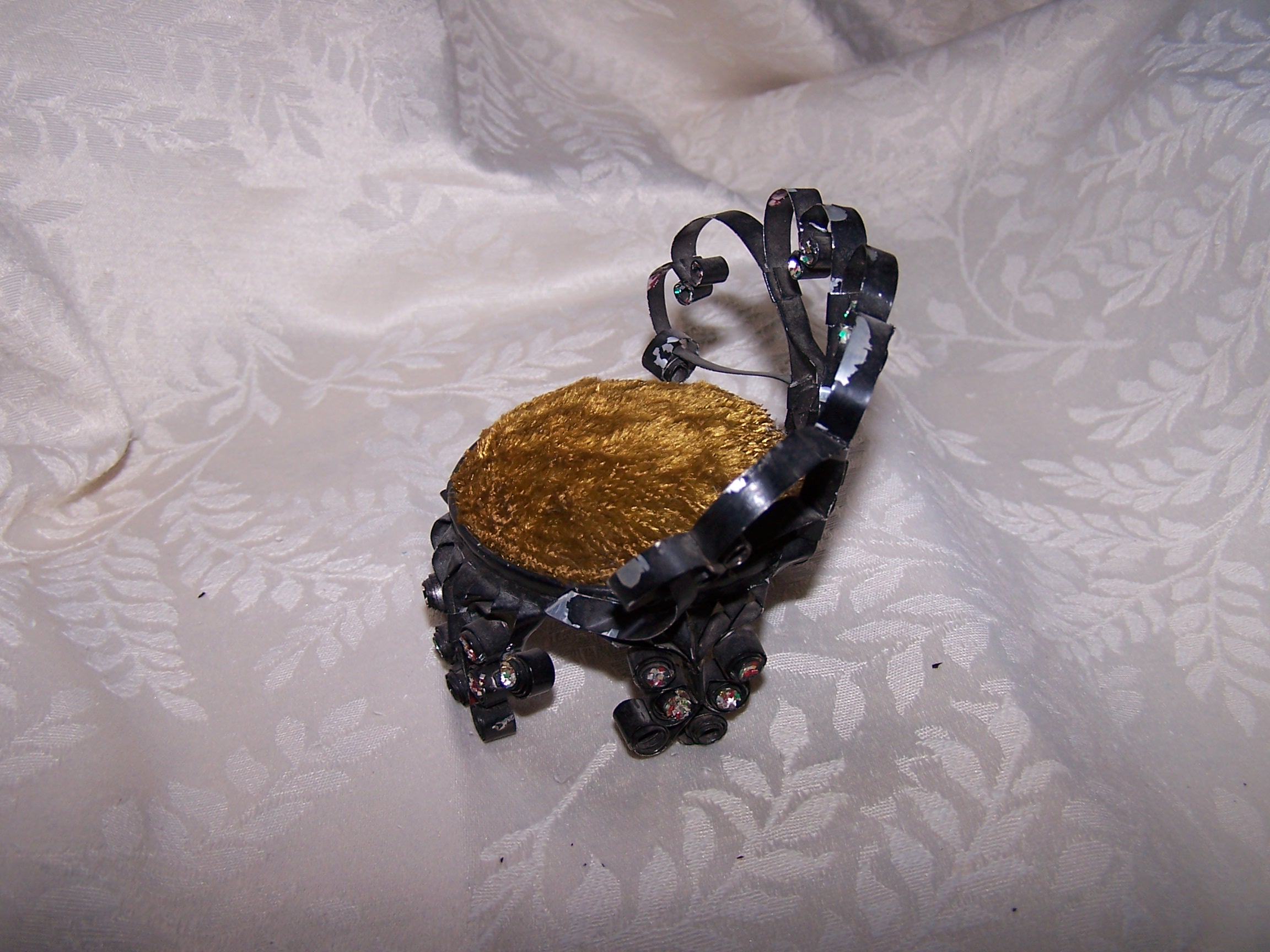 Image 1 of Quilled Pin Cushion Chair, Black w Brown Cushion, Folk Art