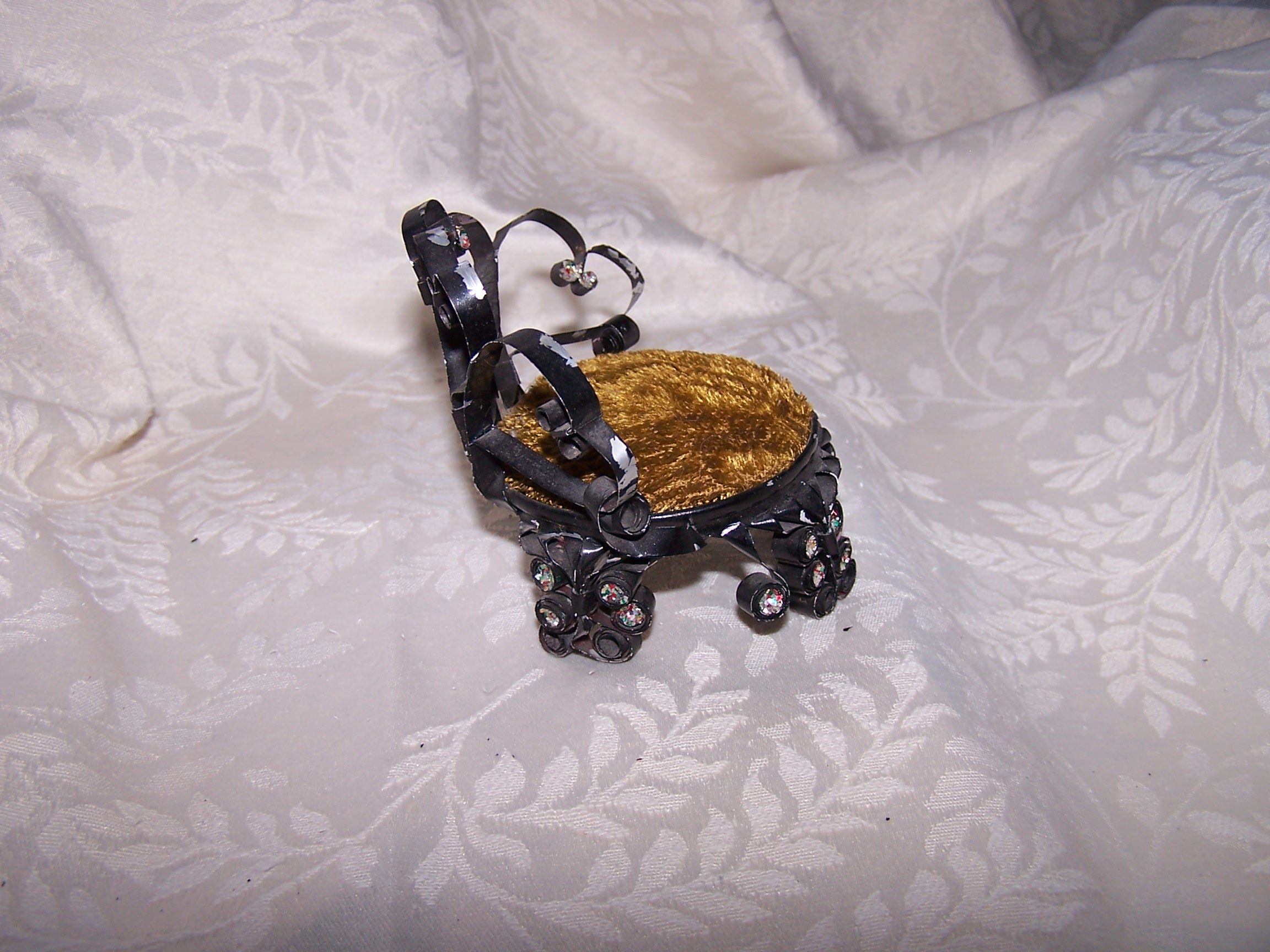 Image 3 of Quilled Pin Cushion Chair, Black w Brown Cushion, Folk Art